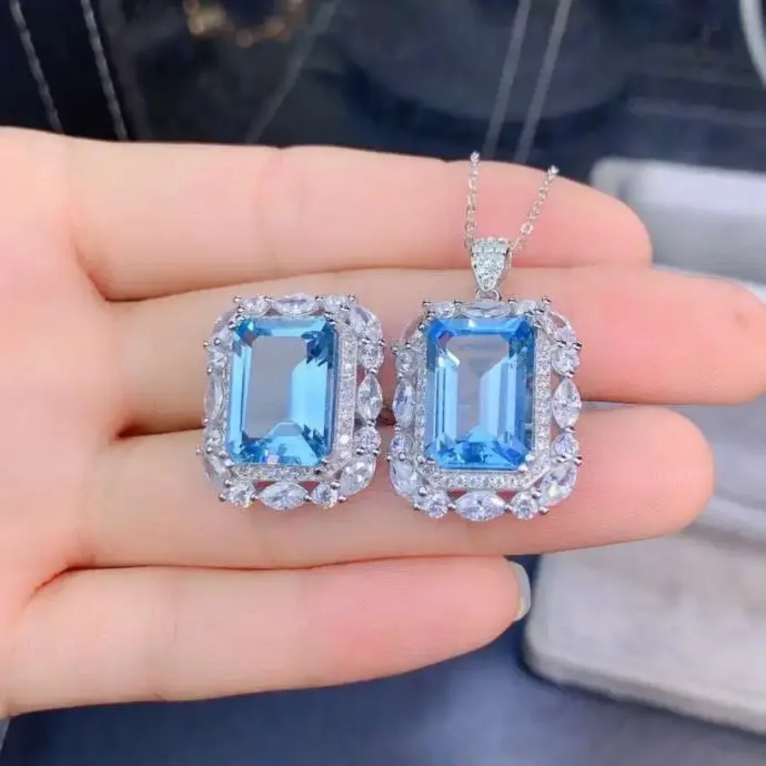 Fine Jewelry 925 Sterling Silver Inlaid Natural Blue Topaz Luxury Girl Ring Pendant Set Support Test Chinese Style