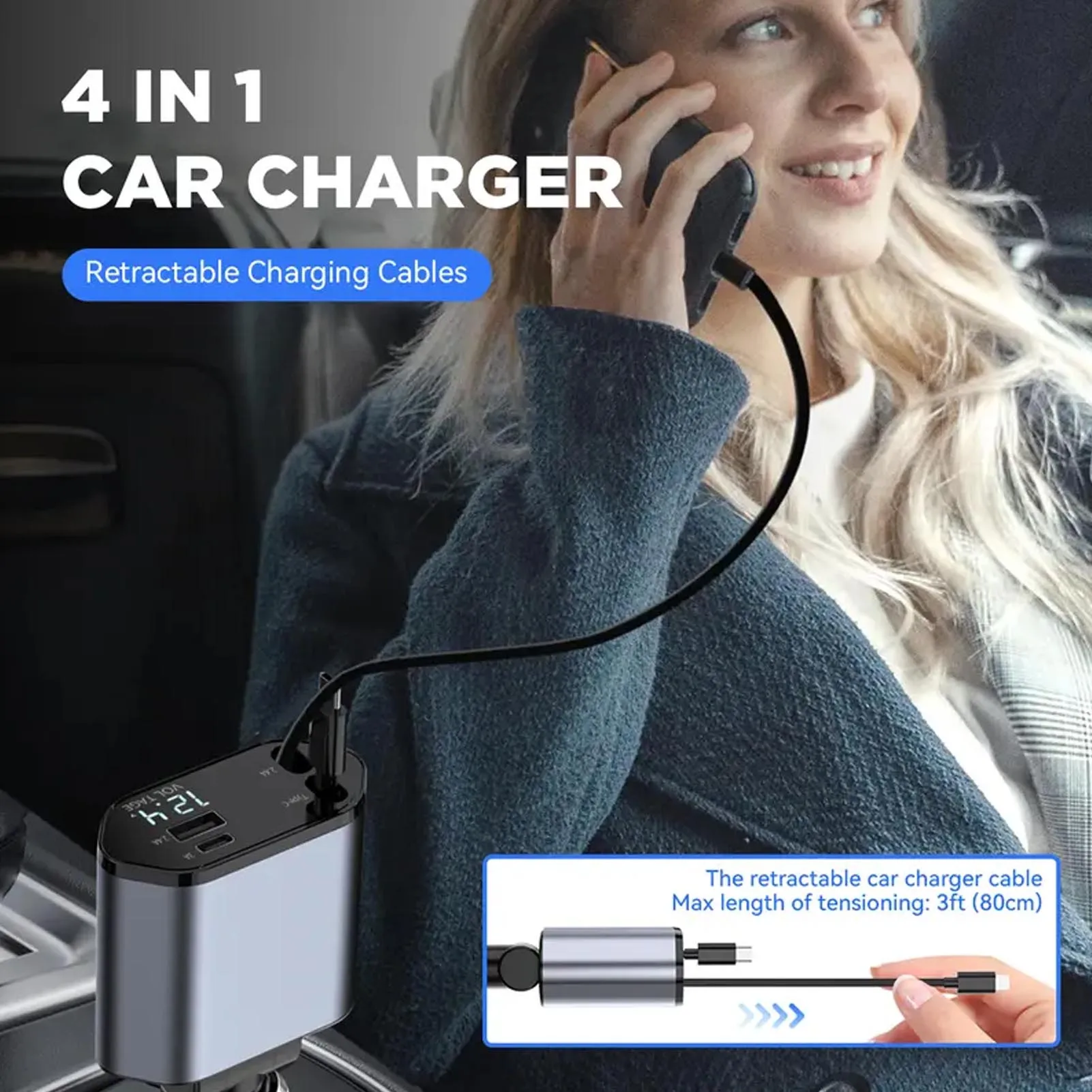 

Retractable Car Charger Fit for IOS 15 14 13 12 Pro Maximum 100W Cable and 2 USB Ports 4 in 1 Super Fast Charging Car Charger