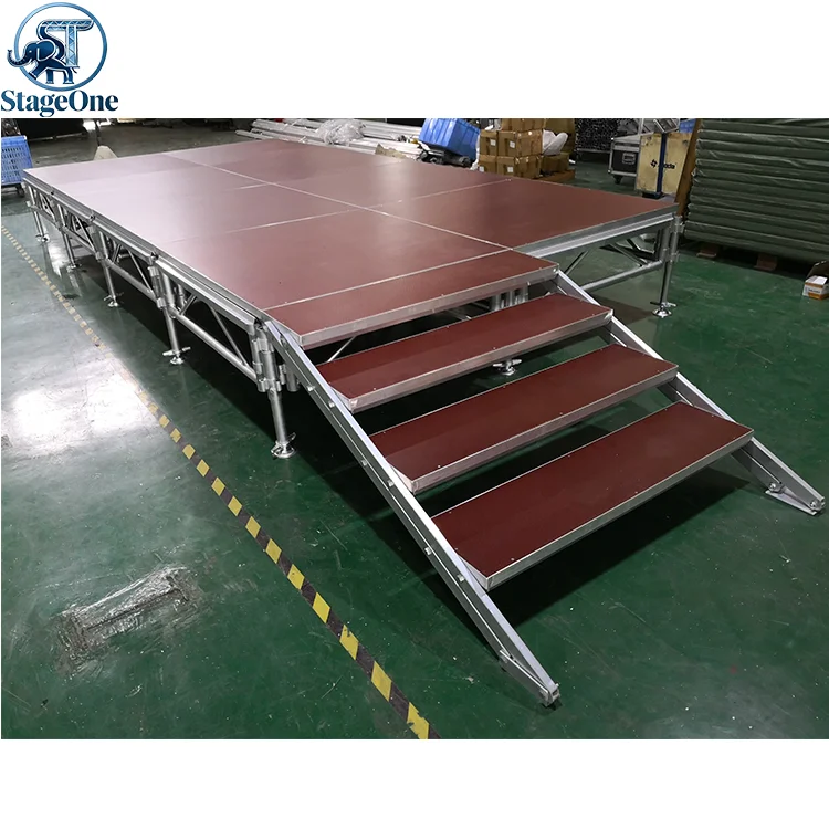 Red Outdoor Concert Event Assembled Stage Platform with Adjustable Height Legs and Stair
