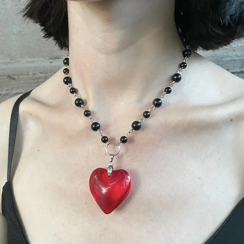 Grunge Rock Red Heart Pendant Necklace Punk Aesthetic DIY Black Pearl Necklace Women Goth Accessories Egirl Jewellery Sexy Cool