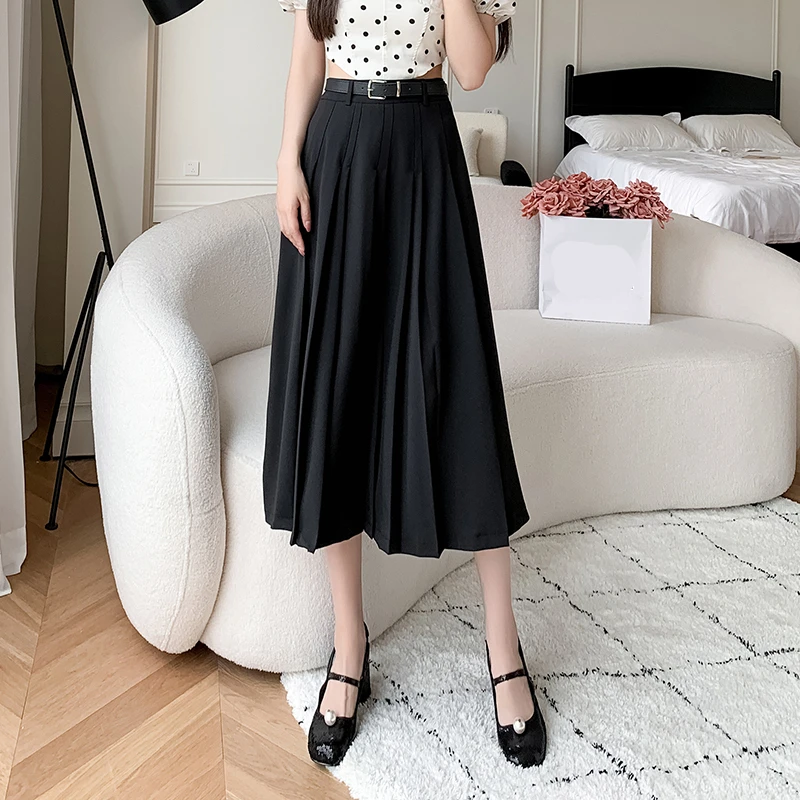 Seoulish Vintage Women\'s Pleated Long Skirts Autumn 2024 New Elegant Solid Color High Waist Casual Office Lady Skirts Female