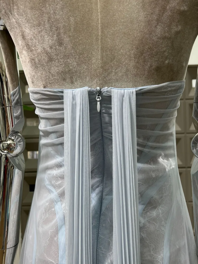 DFDG Elegant Designer StraplessจีบSheer-LaceชุดราตรีหลวมFitฤดูใบไม้ผลิและฤดูร้อนงานแต่งงานGala Party 2025