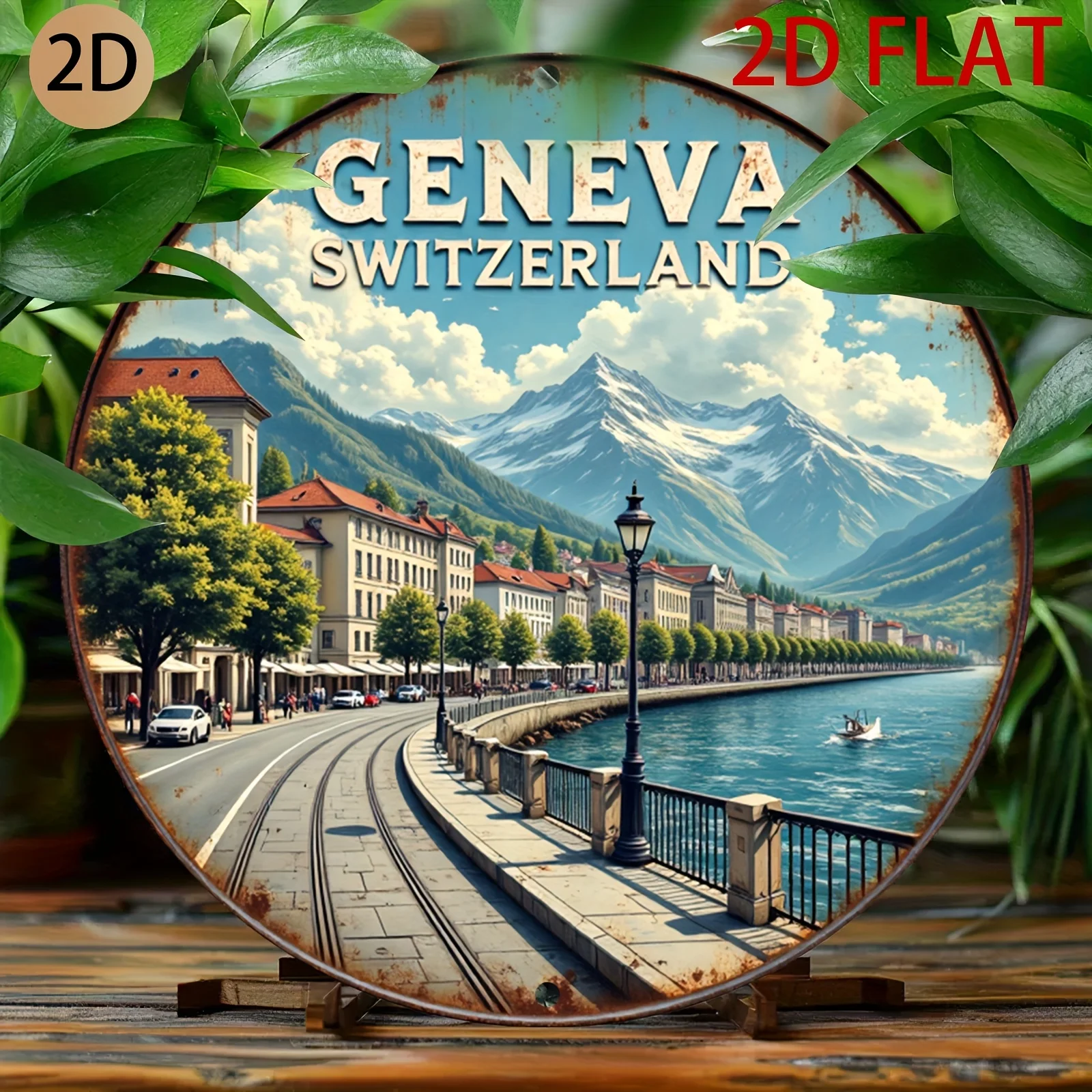 2D Flat - Retro Tin Metal Wall Art Sign Featuring a Circular Design of Geneva, Switzerland, Perfect for Decorating Your Home,