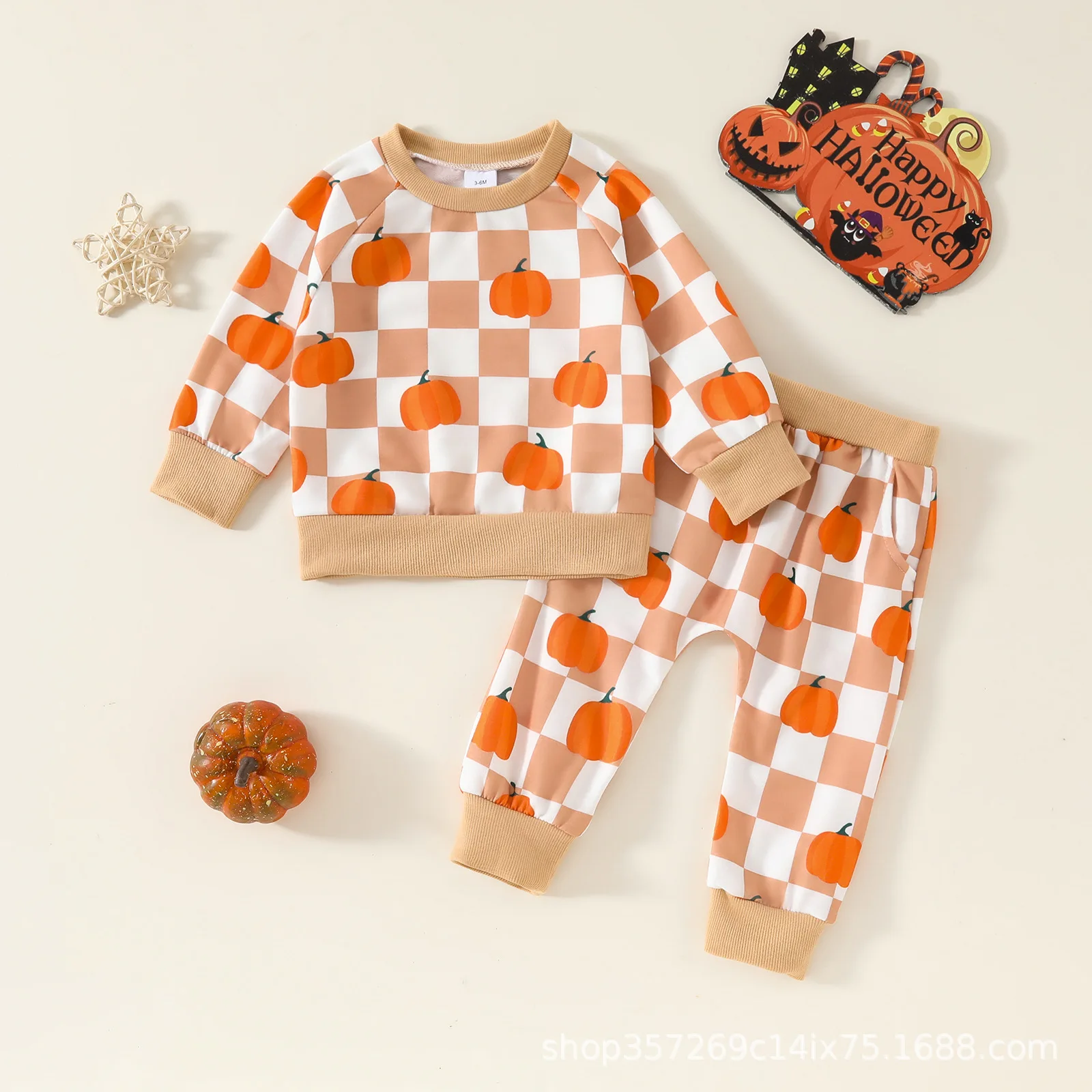 

Toddler Boys Halloween Outfits Checkerboard Pumpkin Print Long Sleeve Sweatshirt and Long Pants 2Pcs Set