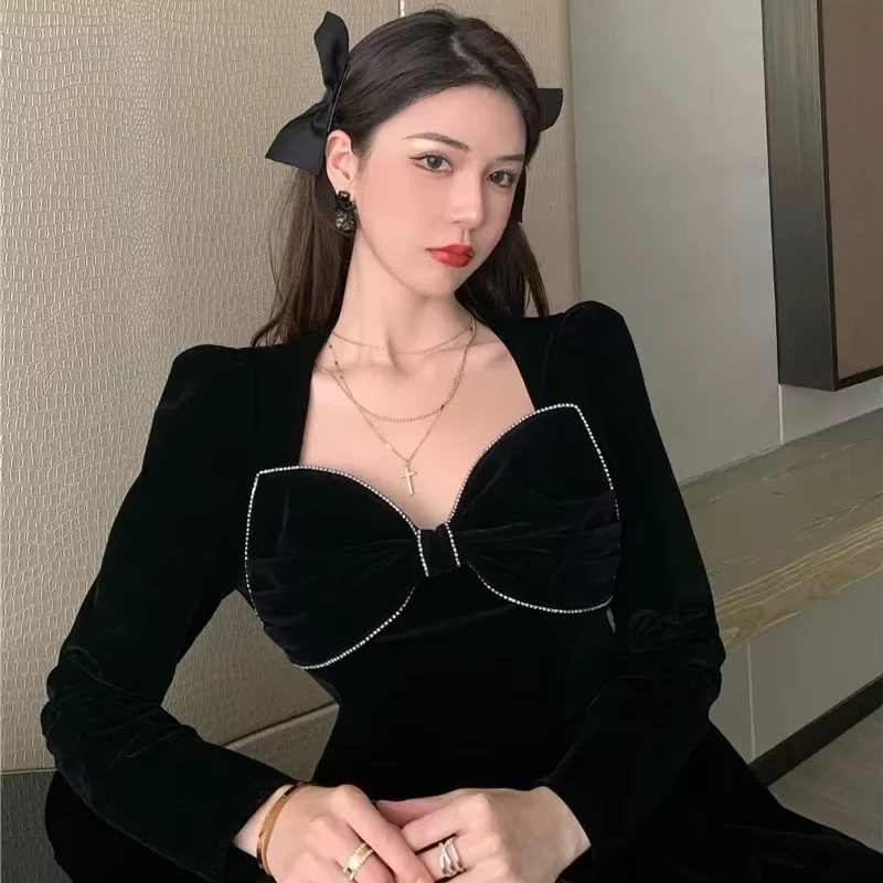 

2025 Fashion Women Dress Big Bow Collar Velvet Elegant Black Long Party Dresses Woman French Style