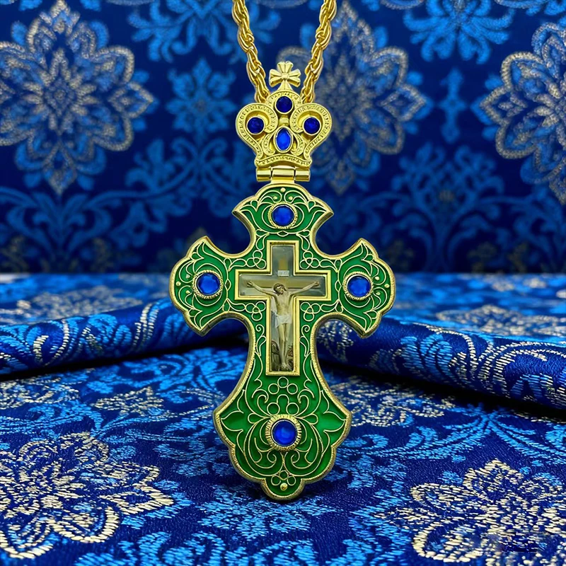 Neue 2026 Luxus-Emaille-Orthodoxe-Kreuz-Halskette mit rotem Kristall & vergoldetem Kruzifix-Ikonen-Schmuck für Priester, Liturgie & Sakramente – Detail 5