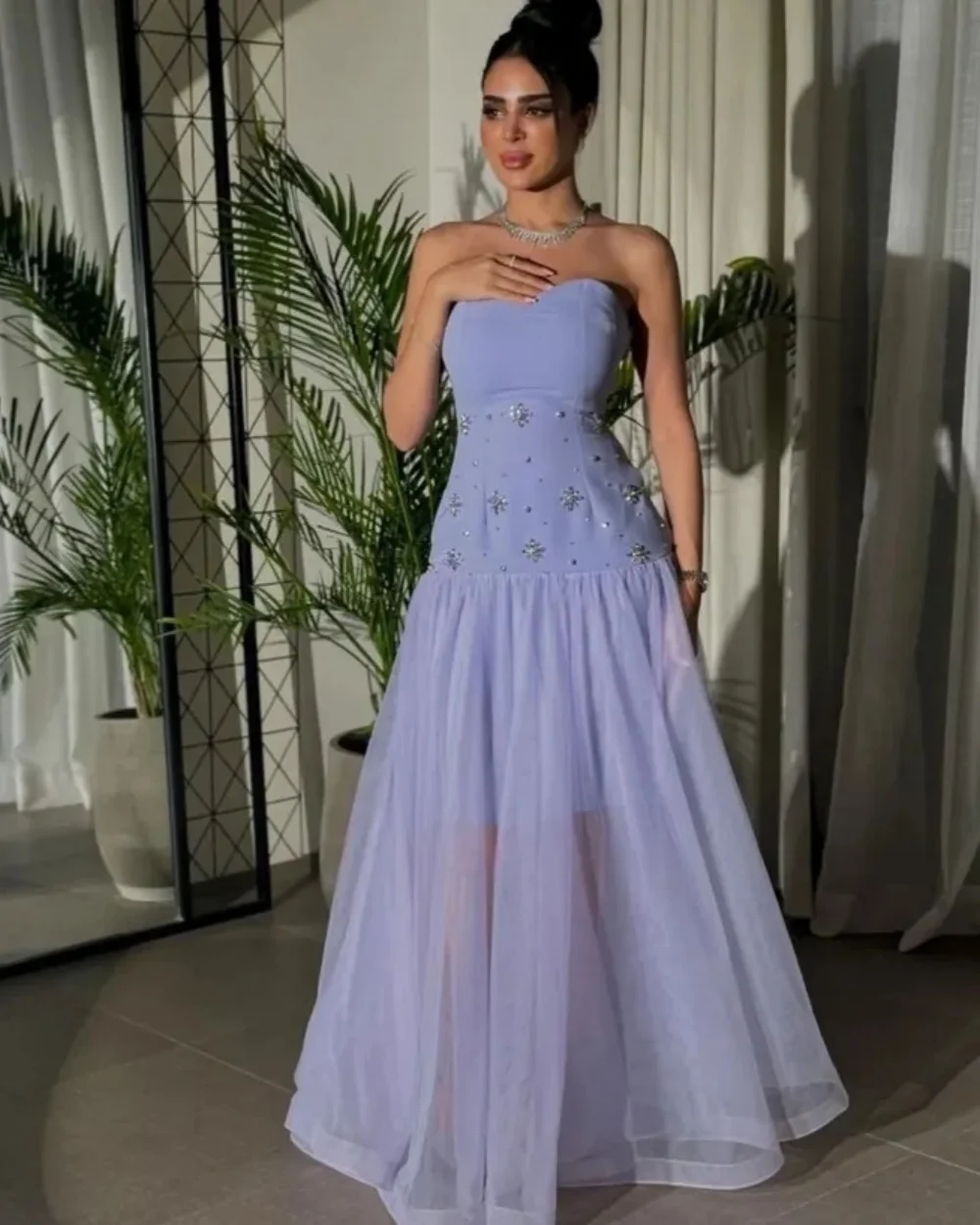 

Customized Classic Elegant Jersey Rhinestone Pleat A-line Strapless Long Dresses Bespoke Occasion Dresses High Quality Matching