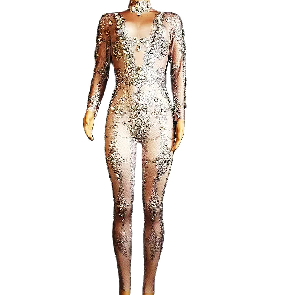 แฟชั่นฝัง Rhinestones Nude Spandex ผู้หญิง Jumpsuits ไนท์คลับนักร้องนักเต้นประสิทธิภาพแสดงสวมใส่วันเกิดพรหมชุด