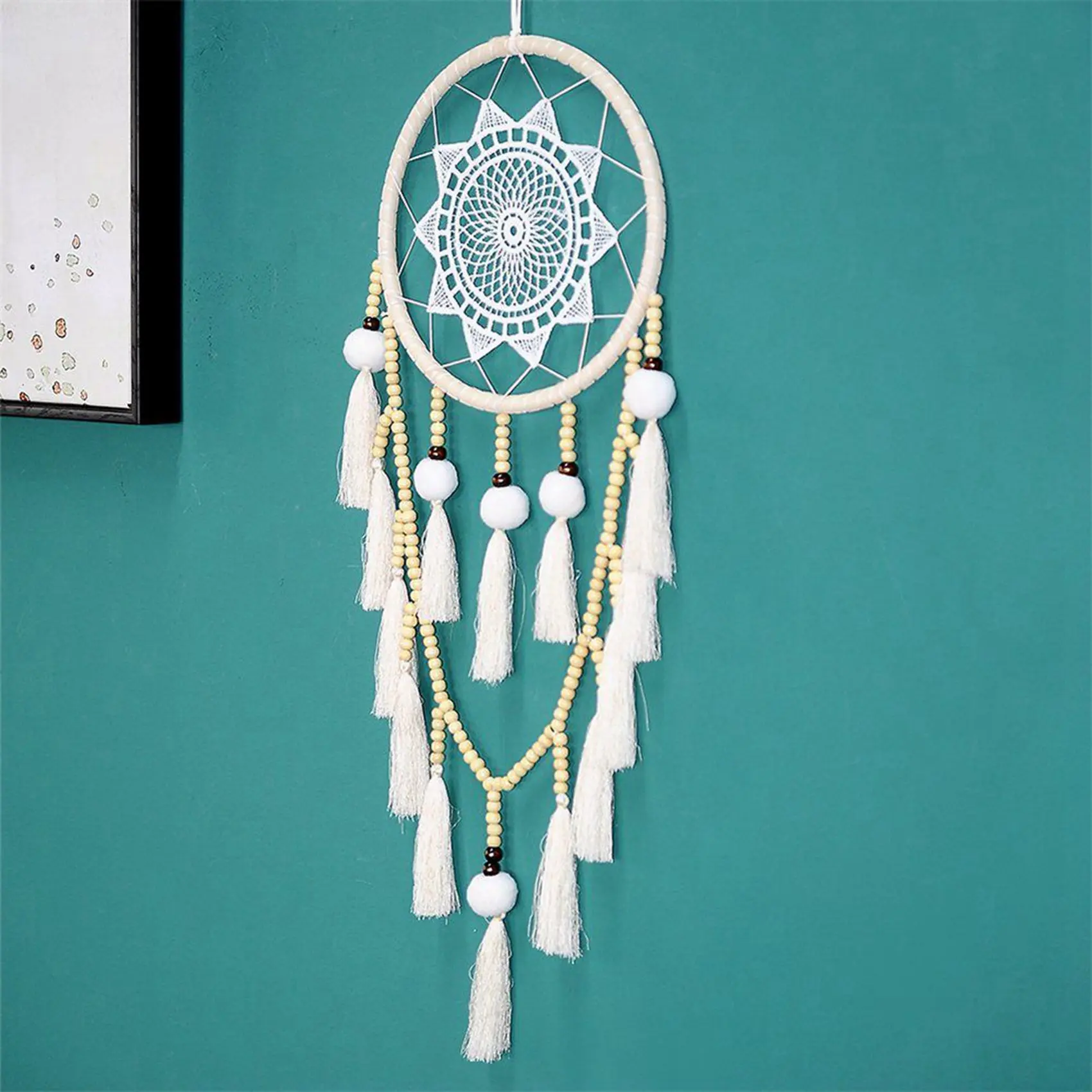 THIVN-2X Macrame Wall Hanging Dream Catcher Large Natural Hairball (Beads With Tassel)
