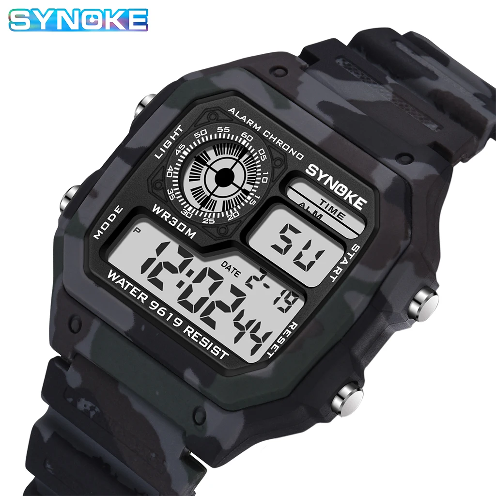 SYNOKE Men Outdoor Sports Multifunctional Waterproof Large Screen Display Luminous LED Digital For Men Fashion Camouflage Watch