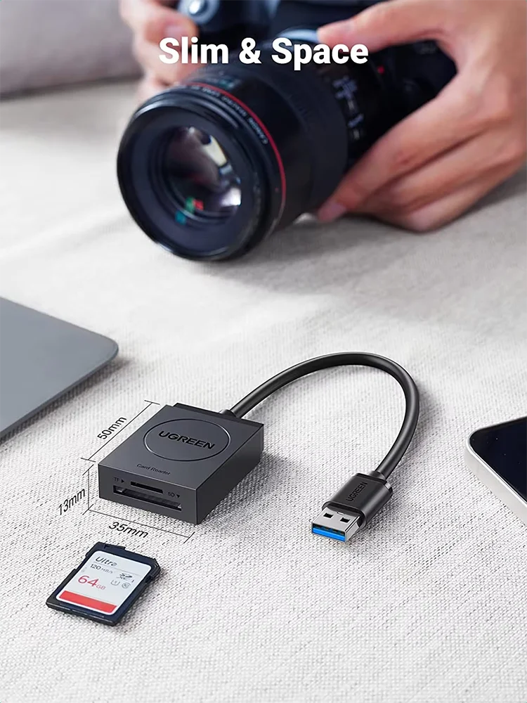 Картридер UGREEN USB 3.0 с двумя слотами для карт памяти TF, SD, SDXC, SDHC, MMC, RS-MMC, Micro SDXC, Micro SDHC, UHS-I для Mac