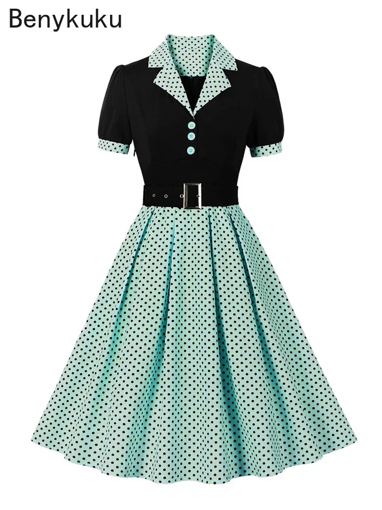 Notched Collar Two Tone Patchwork Polka Dot Summer Dress Women 2024 Elegant Vintage Clothes Button Belted 1950s Rockabilly Dress