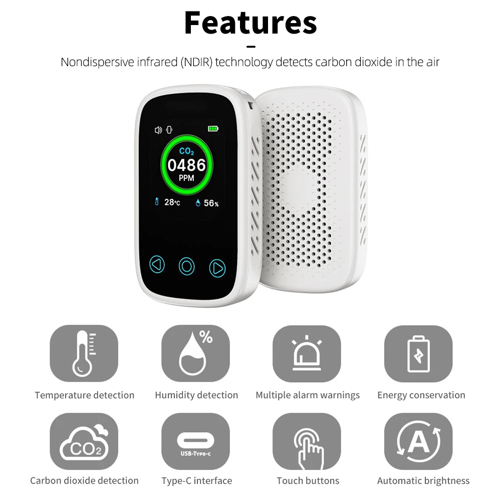 3 in 1 Air Quality Meter CO2 Temp Humidity Tester LCD Screen NDIR Sensor Carbon Dioxide Monoxide Detector with Voice Alarm