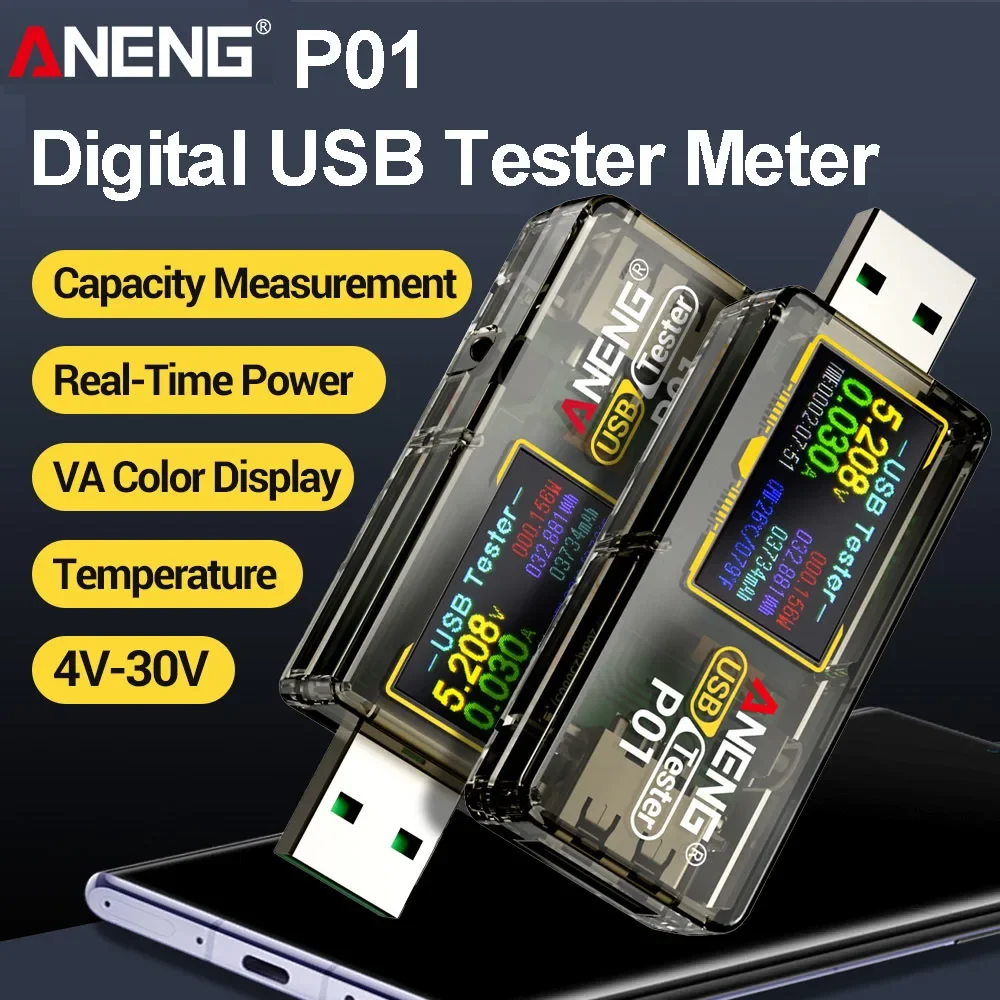 

ANENG P01 USB Tester DC 4-30V USB Multimeter Voltmeter Ammeter Power Meter Charger Capacity Detector Multi-function Test Tool