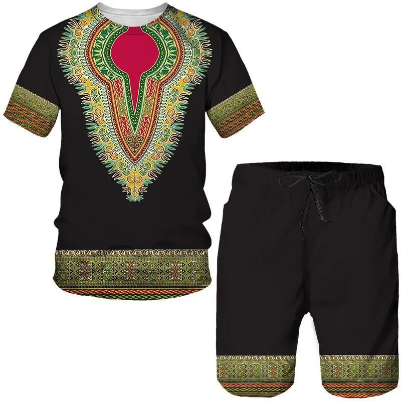 2025 Summer 3D Tribal Print New Men's and Women's Round Neck Short Sleeved Shorts Set Daily Casual Two-piece Set