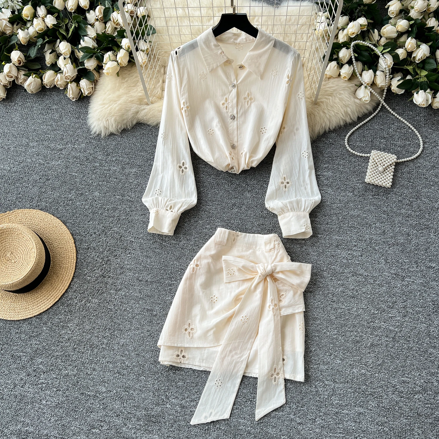 

Vacation Style Skirt 2 Piece for Women Spring Summer French Hollow Out Lapel Long Sleeve Shirt High Waist Bow Mini Skirts