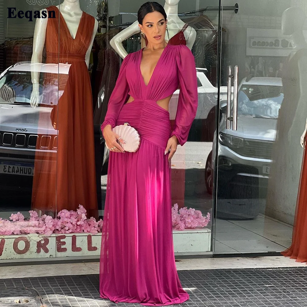 

Eeqasn Fuchsia Chiffon Evening Dresses Long Sleeves Deep V-Neck Backless Floor Length Women Party Formal Occasion Prom Gowns