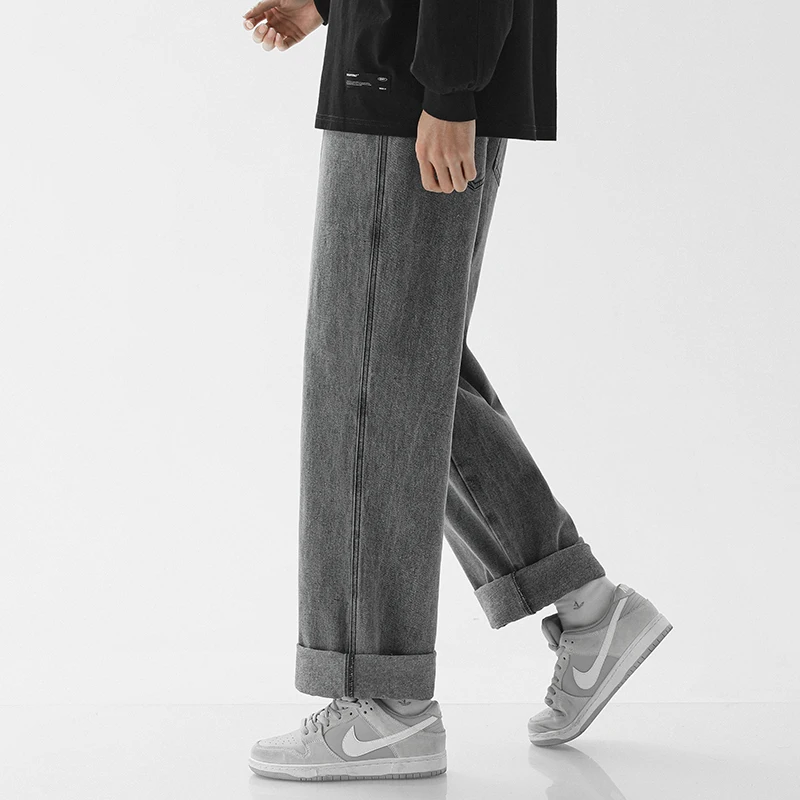 メンズワイドレッグバギージーンズ,韓国ファッション,ストレート,カジュアル,ルーズフィット,カーゴデニムパンツ,ライトブルー,グレー,ブラック,ストリートウェア,新品