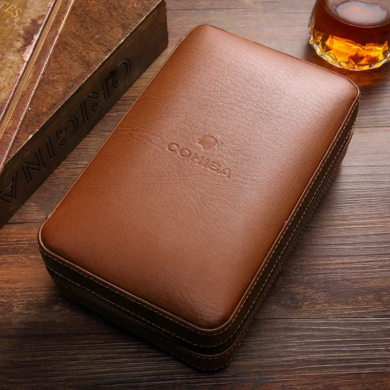 Classic Leather Cigar Case Portable Humidor Holder Wood Tray Box with Humidifier Moisturizing Bag Can Be Customized