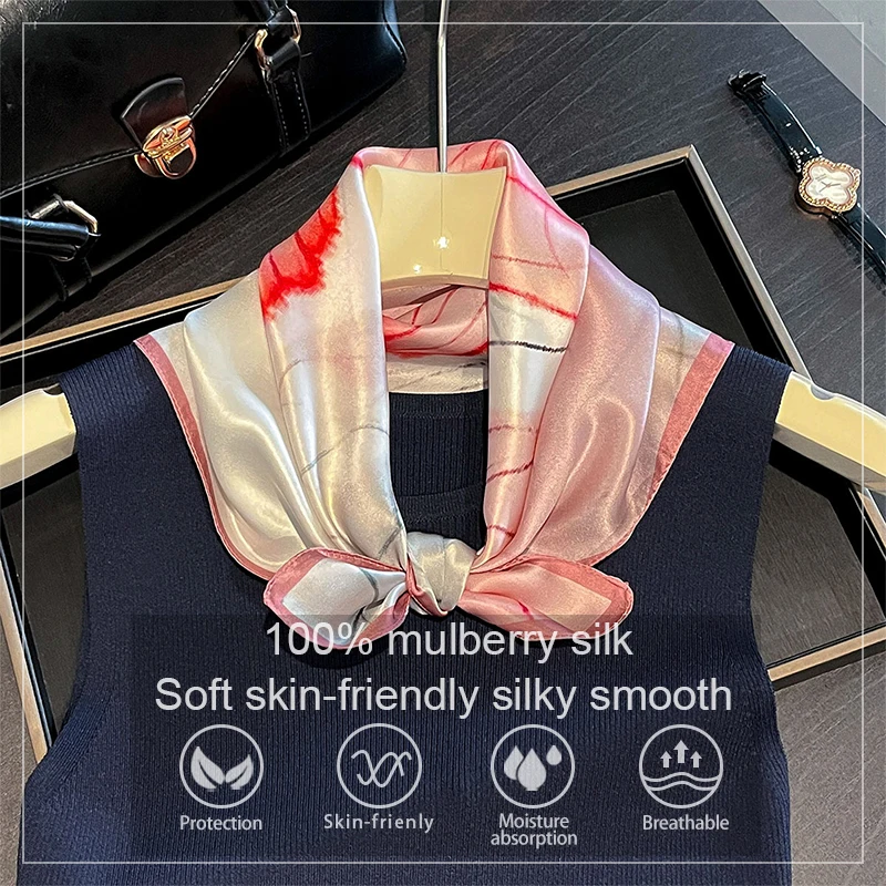 

2026 New Arrival 100% Silk Scarf for Women Summer Beach Elegant Small Scarves Shawl Poncho 53*53Cm Hijab Bandana Kerchief