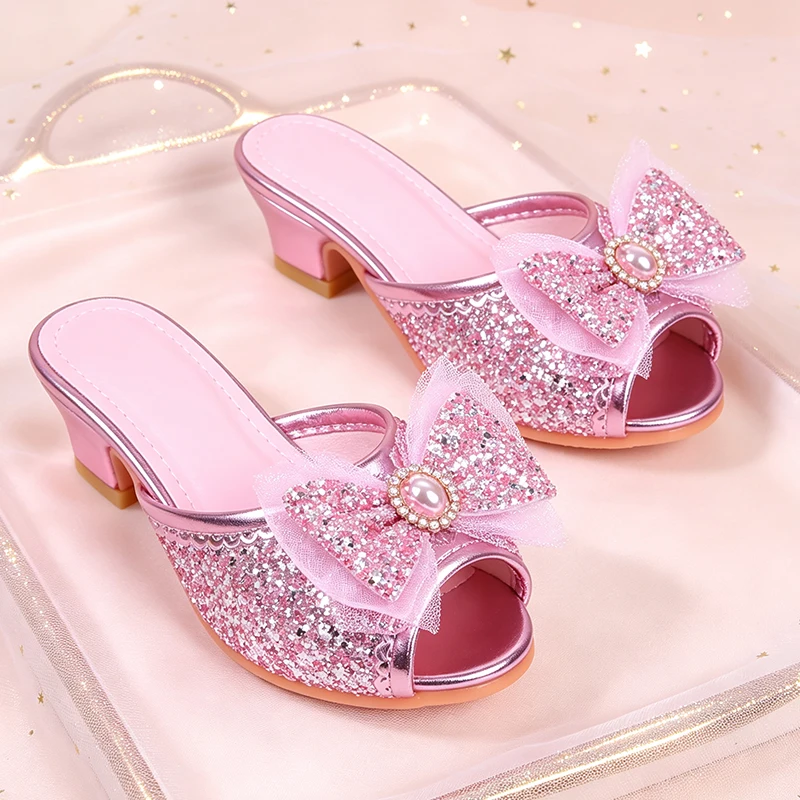 Fairy Little Girls Princess Slide Slippers Open Summer Children's Shiny Sequin Sandals Elegant Kids Toe Mid Block High Heel Shoe