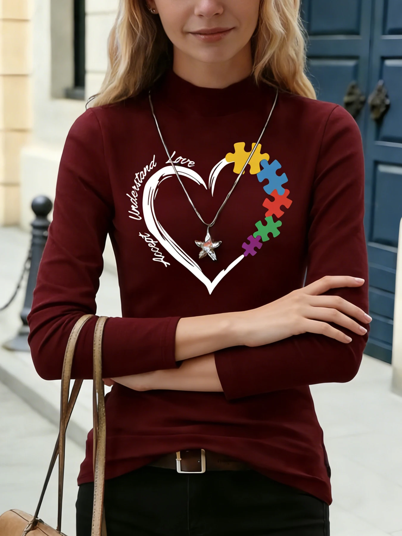 Damen-Oberteil mit Stehkragen und langen Ärmeln, rotes Herz, „I Love You“-Aufdruck, lässige Bluse, Basic-T-Shirt für den Alltag, weiche Oberteile für Frühling und Herbst