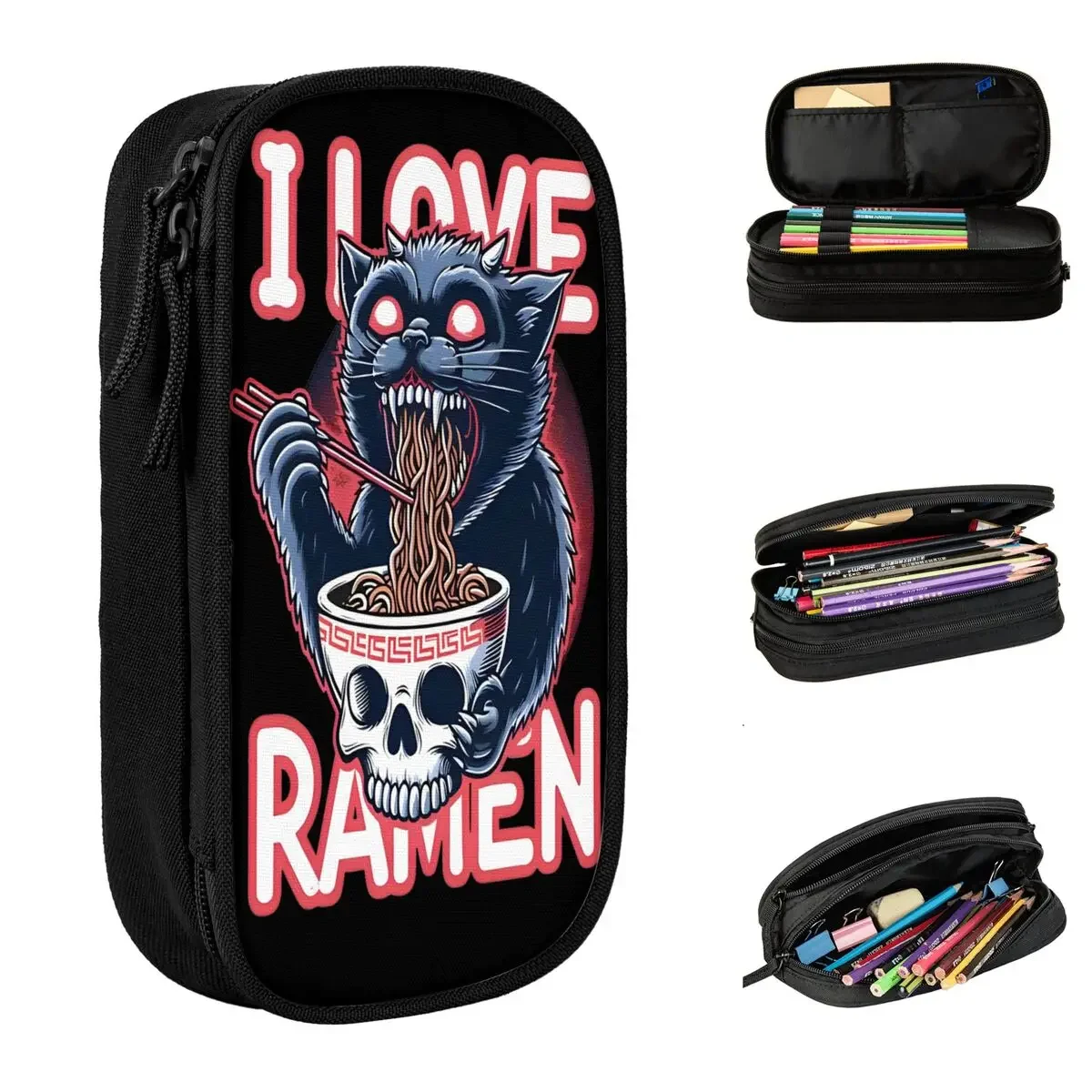 

I Love Ramen Black Cat Noodle Pencil Cases Cute Pen Bags Kids Large Storage School Supplies Zipper Pencilcases