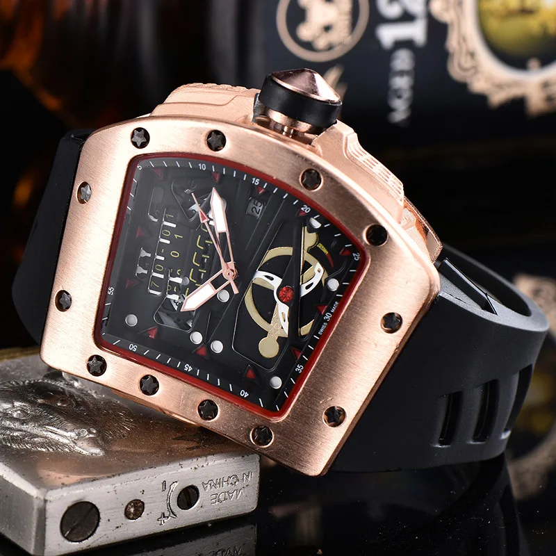 Hot Sale Men Sport Watch QUARTZ Movement Rubber Strap Luxury Style Hollow Dial Gift Wristwatches