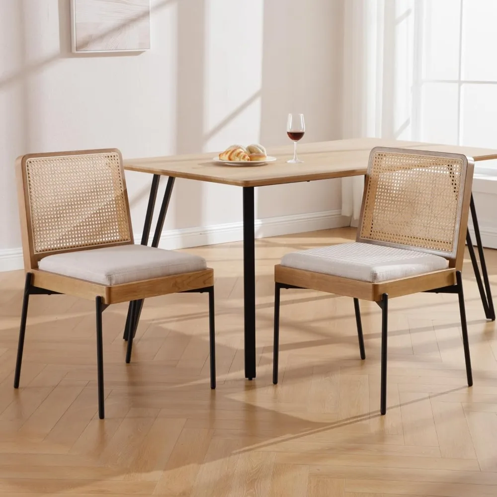 

Mid-Century Dining Chairs Set of 2, Accent Linen Fabric Side Chairs with Rattan Backrest Metal Legs Kitchen Chairs for Dining Ro