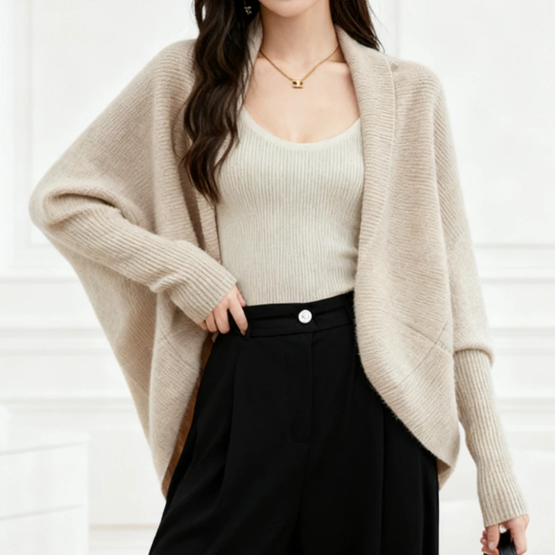 

Autumn Winter Women's Long Sleeve Batwing Sleeve Knitted Cardigan, Loose-Fit Office Commute Top,Elegant French Fashion Outerwear