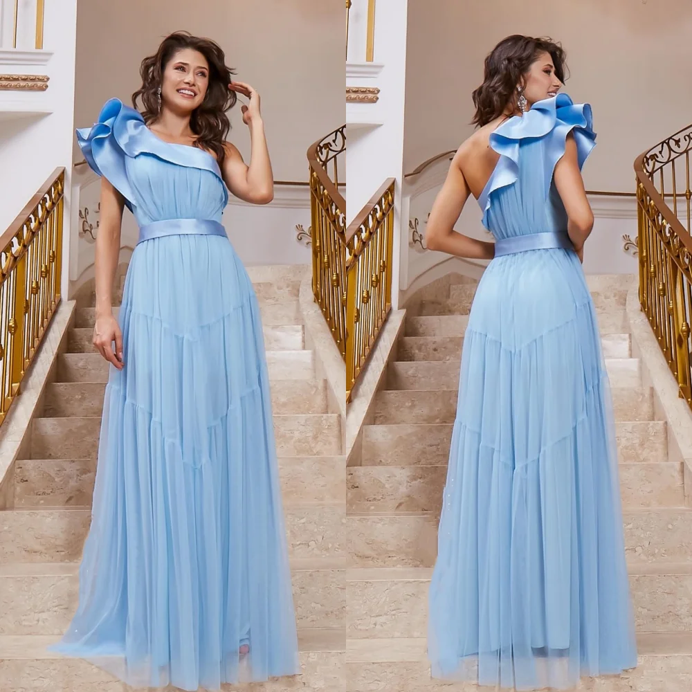 Tulle Draped Pleat Ruched Cocktail Party A-line One-shoulder Bespoke Occasion Gown Long Dresses