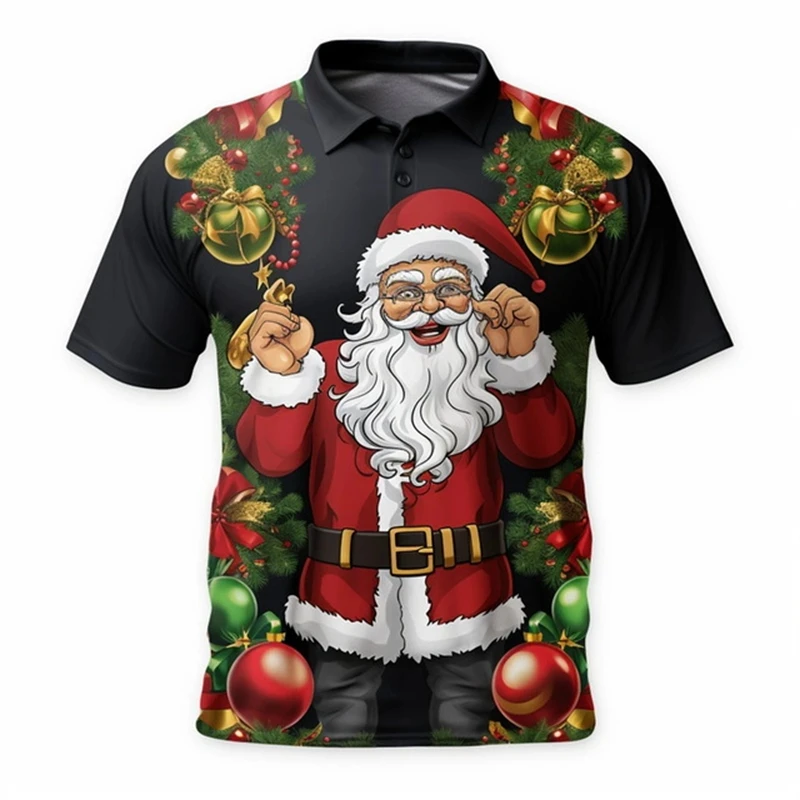 

3D Printing Santa Claus POLO Shirt Men's Funny Design Short Sleeve Button POLO Shirt Merry Christmas Gifts For Men