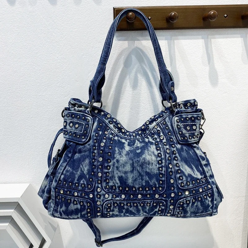 

Холщовая сумка с заклепками и бусинами, женская сумка на одно плечо, большая вместительная джинсовая художественная сумка через плечо, сумка-тоут для ногтей ивы