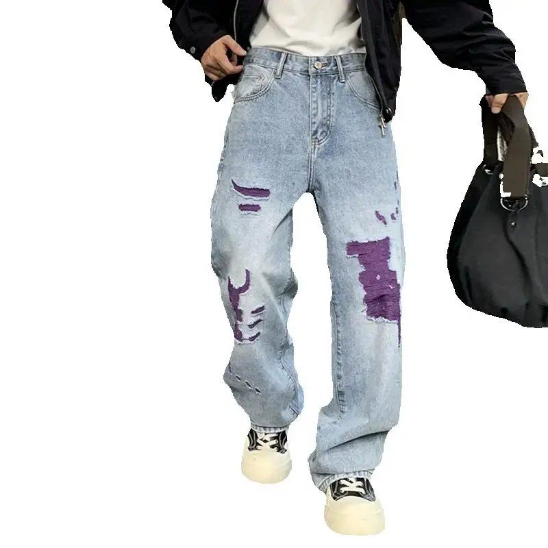 

High Street Jeans Retro Old Patch Hole Trousers Men Loose Straight Denim Pants Fashion Bottoms PLus Size 40 Blue