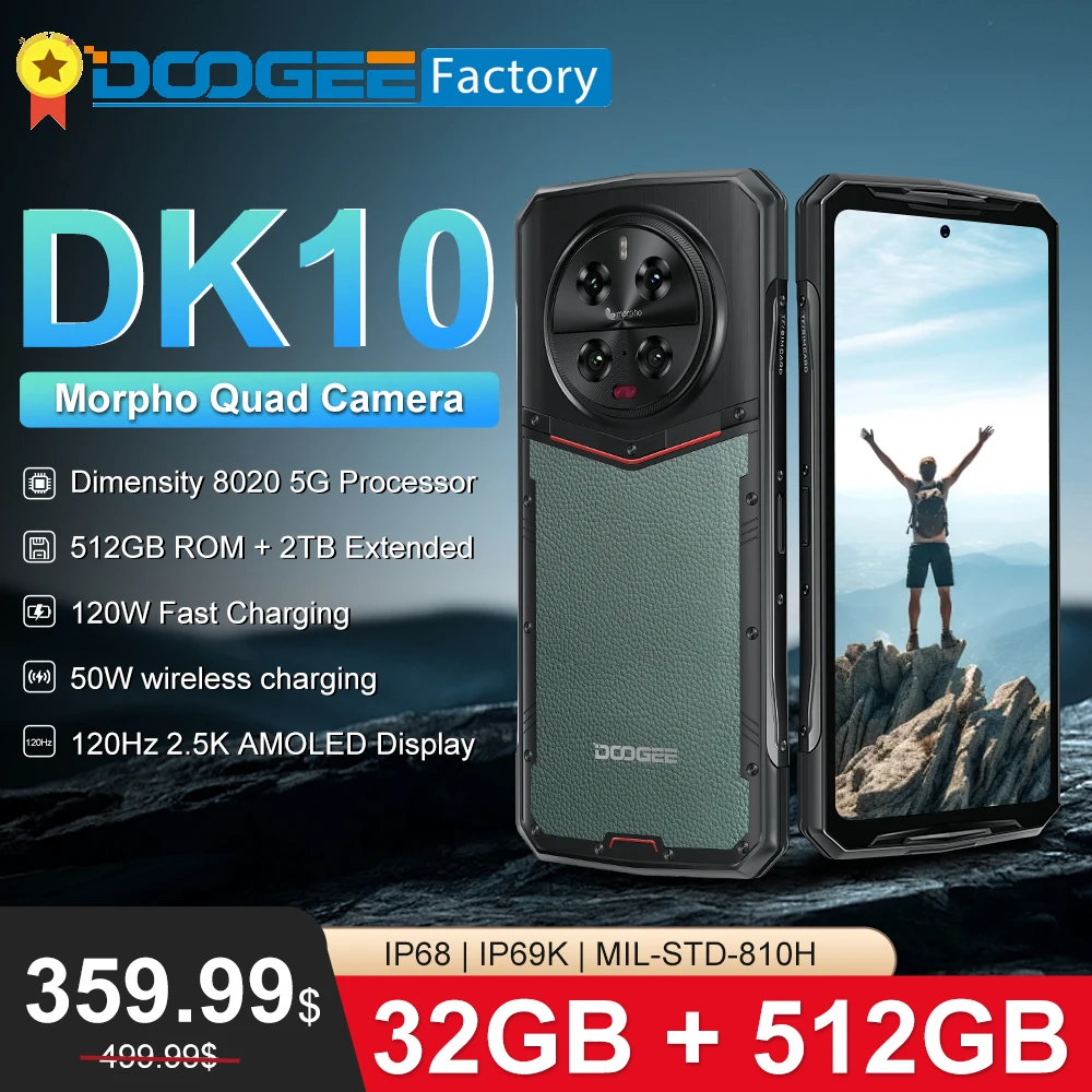 Глобальная версия защищенного телефона DOOGEE DK10 с 6,67-дюймовым экраном, частотой обновления 120 Гц и разрешением 2,5K, процессором Dimensity 8020, 32 ГБ оперативной памяти + 512 ГБ встроенной памяти, 50-мегапиксель