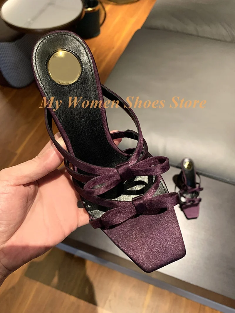 Purple Satin Knot Slippers Square Toe Stiletto Thin High Heel Slip On Runway 2026 Summer Women Dress Shoes Handmade