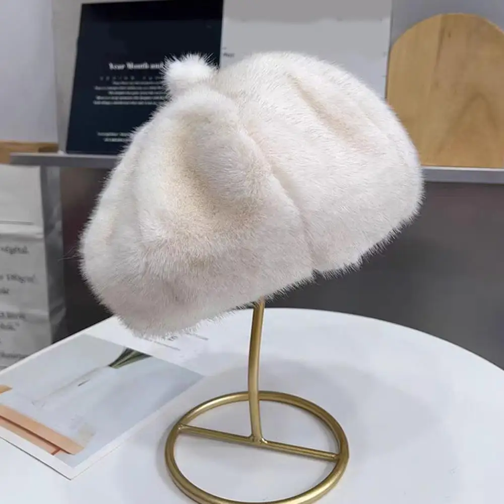 Boinas de piel sintética de visón para mujer, gorro de felpa de visón cálido para invierno, boina elegante para mujer, gorro de pintor de artista, gorros gruesos y cálidos de calabaza