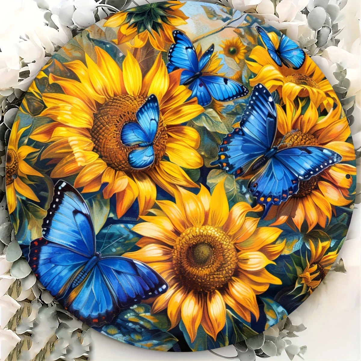 

Charming Butterfly & Sunflower Garden Scene - Round Aluminum Wall Decor Sign for Home, Garage