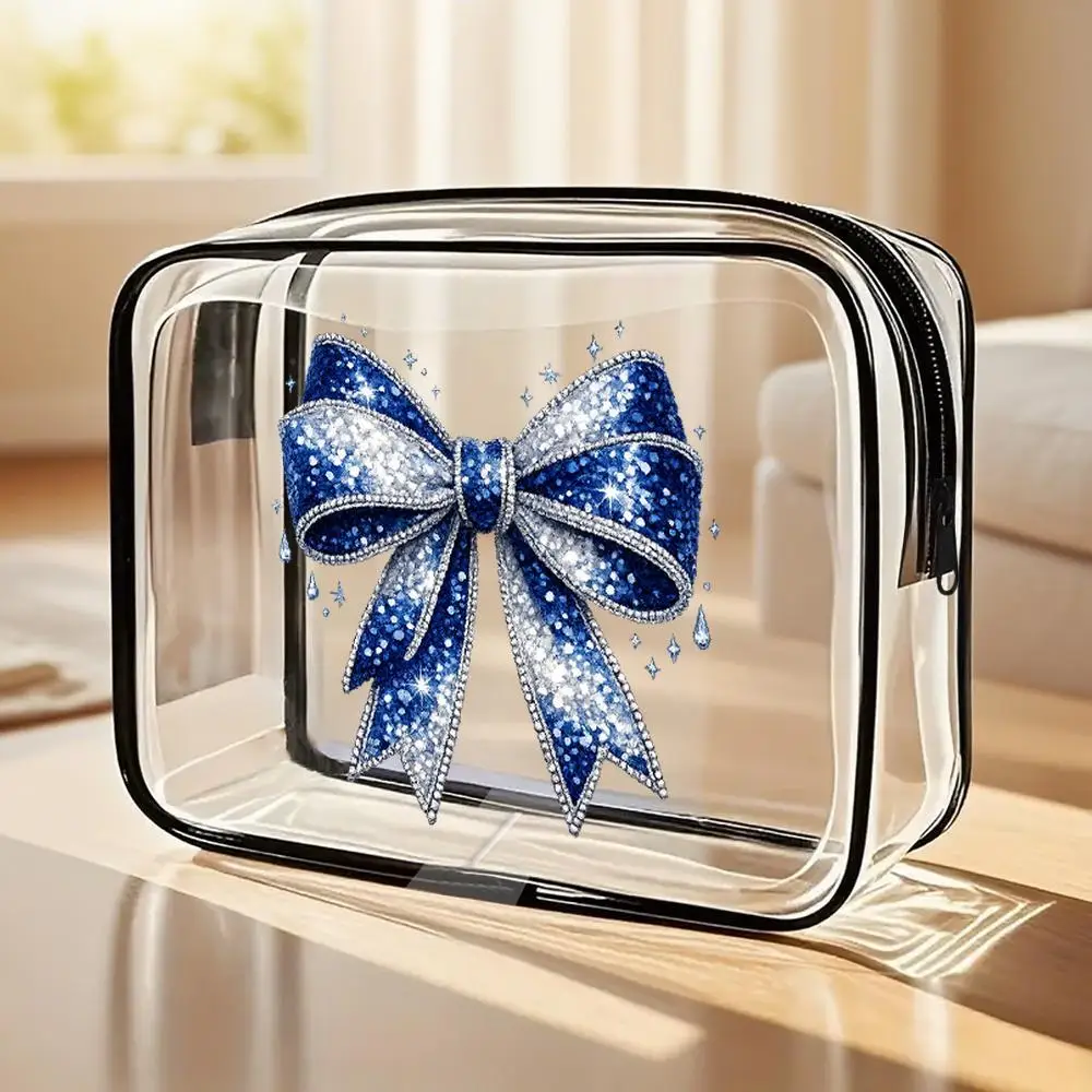 Glittery Blue Bow Clear Makeup Bag Glamorous Sparkle Design Zippered Portable Cosmetic Organizer Travel Toiletry Pouch For Daily