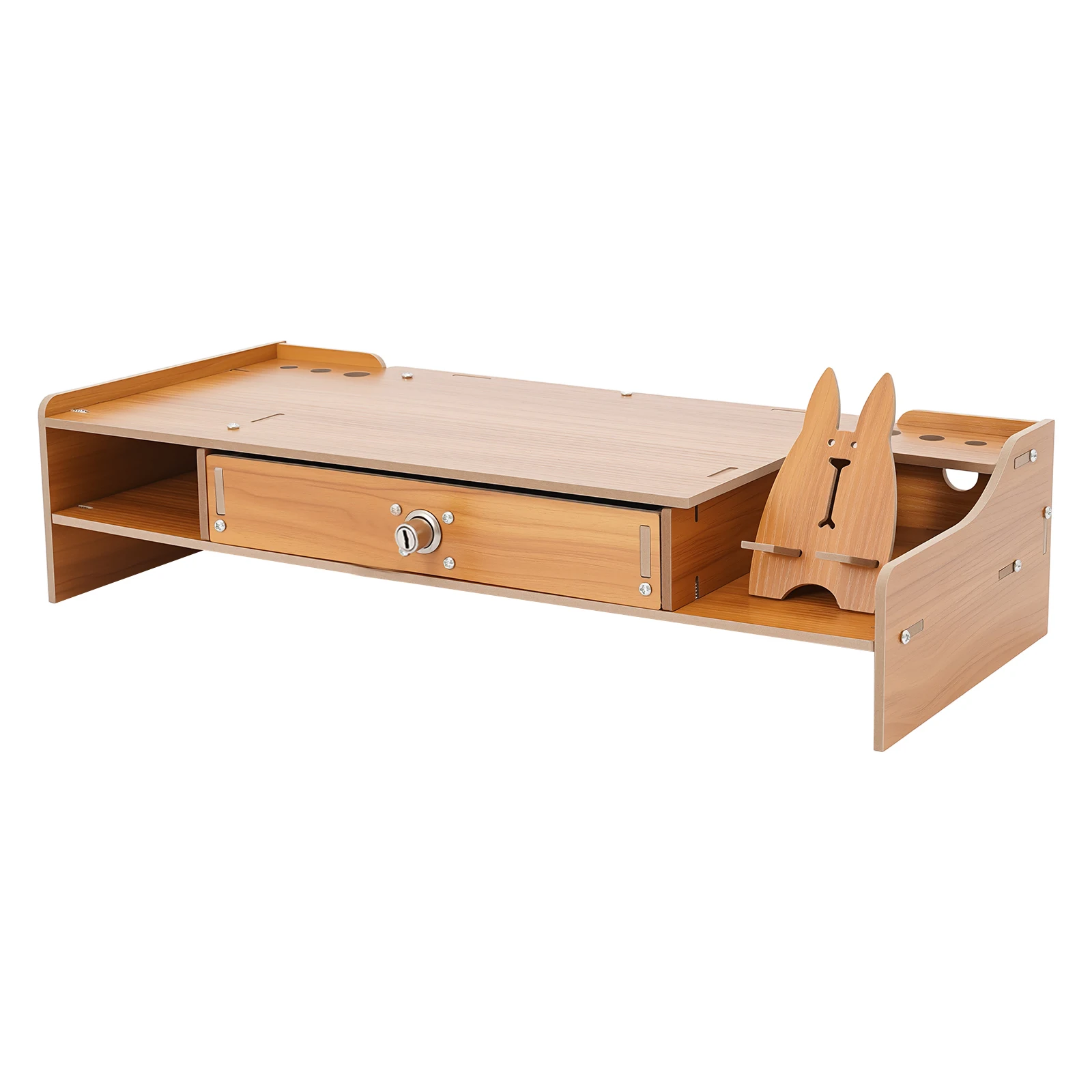 Suporte de monitor ergonômico com gaveta com fechadura, suporte para telefone, organizador de mesa em mdf, gaveta com tampa de carga de 5kg para armazenamento de escritório doméstico
