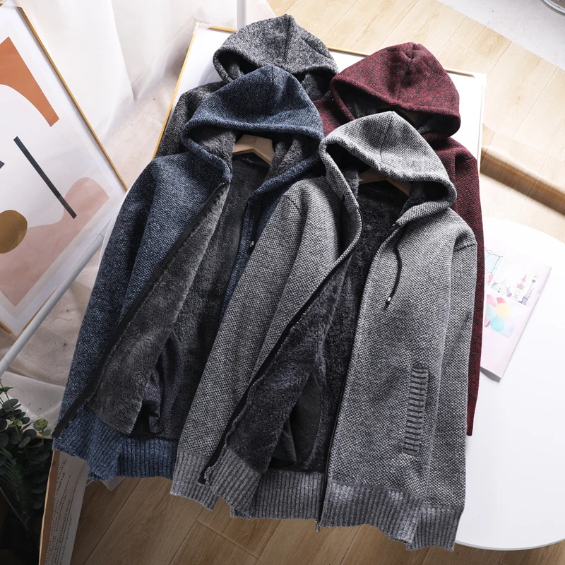 

Теплая мужская вязаная шапка, пальто, свитер, верхняя одежда, открытый кардиган с капюшоном на подкладке, осень-зима, одежда больших размеров