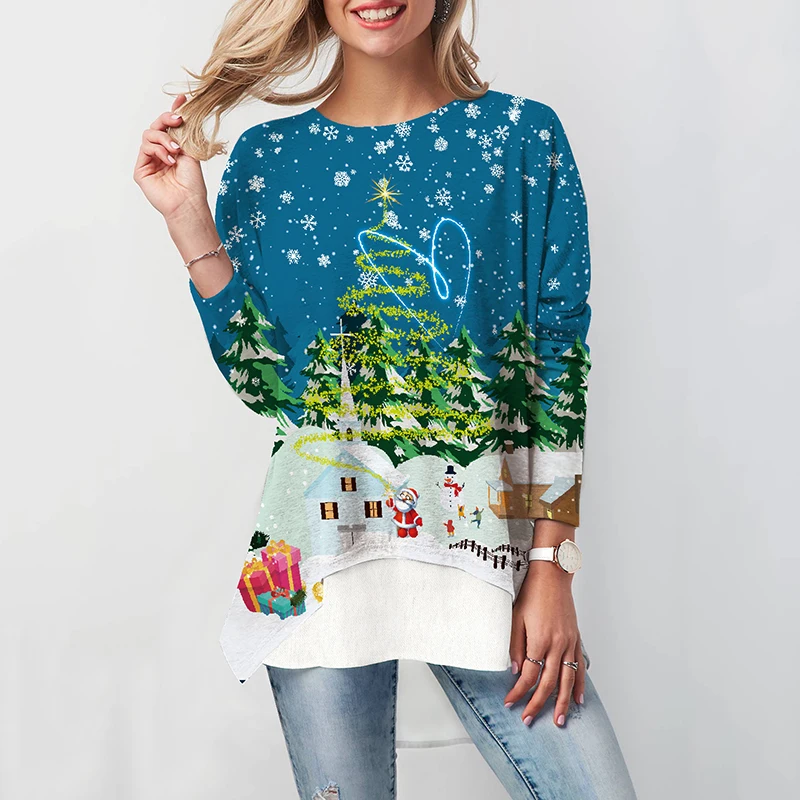 New Breathabl Christmas T-Shirts Fashion O-Neck Long Sleeve Christmas Snowflake Print Tops Autumn Winter Loose Comfort T-Shirts