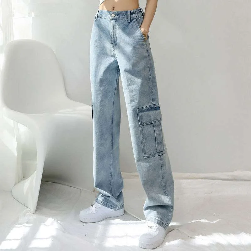 Blauw Alle-Match Jeans Vrouw Casual Hoge Waisted Straight Slim Vintage Wijde Pijpen Denim Broek Met Pocket Cargo Broek office Lady