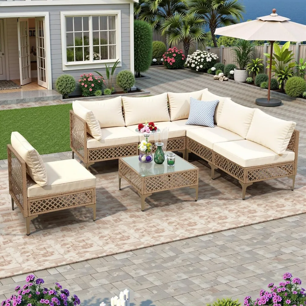 7 Piece Outdoor Wicker Patio Furniture Set, Rattan Sectional Sofa Couch, Patio Conversation Set with Cushion & Coffee Table