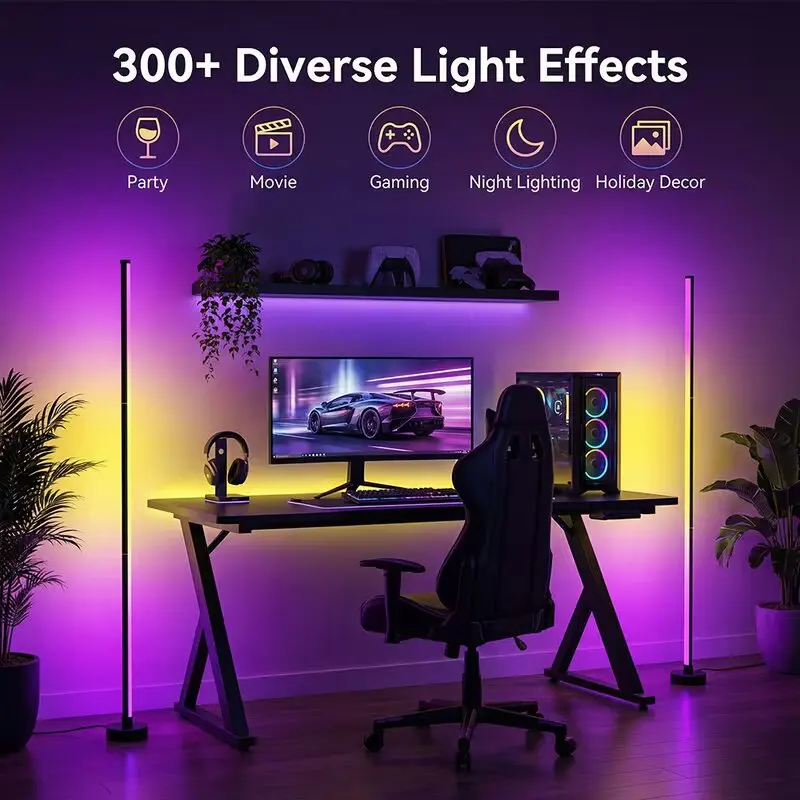 RGBIC LED Corner Floor Lamp, APP Remote Operated, Music Sync & Timing Design, Multi-use Light for Gaming Room Bedroom and E-Book Reading