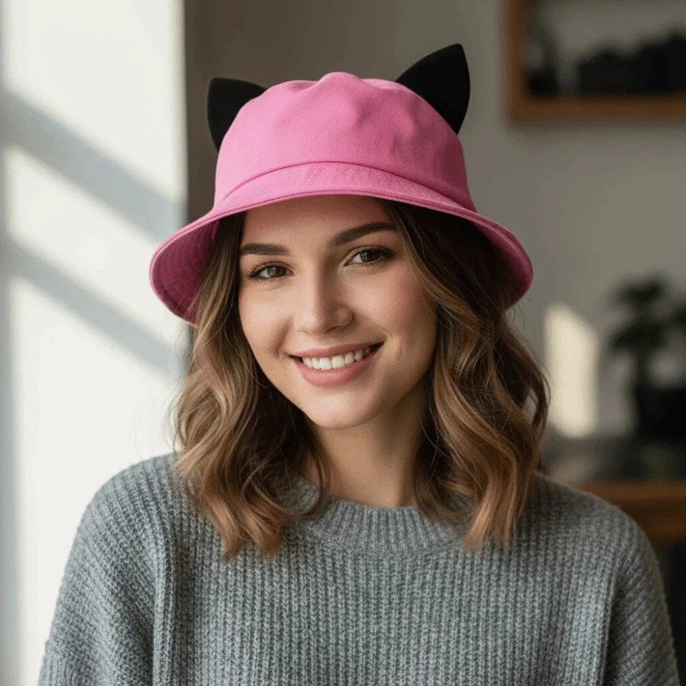 New High Quality Portable Fashion Cotton Cat Ears Hat Sun protection Cute Ear Basin Hat Breathable Fisherman Hat Women