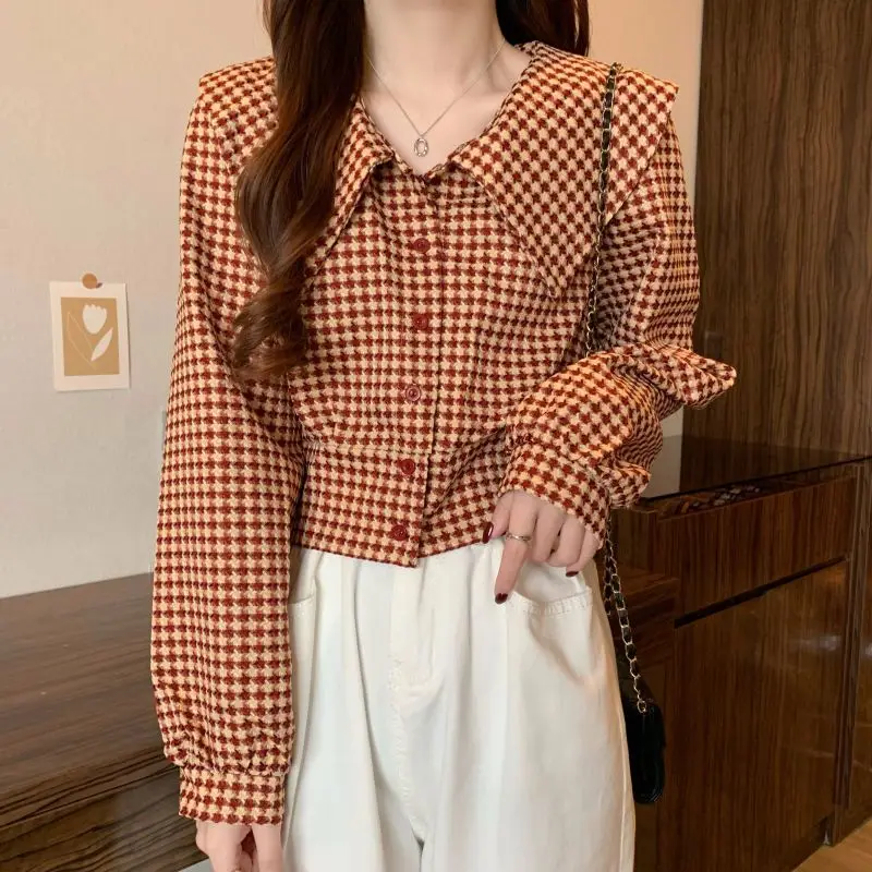 Vintage Plaid Short Shirt Tops Spring Autumn New Polo Neck Long Sleeve All-match Fashion Blouse Korean Temperament Women Clothes