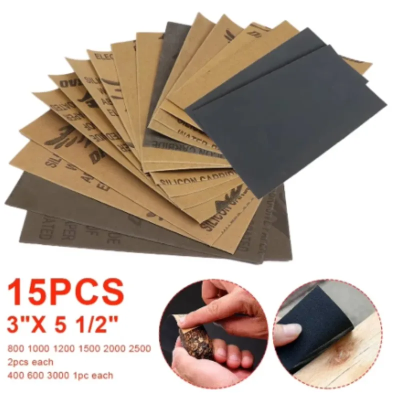 

15‑Piece Wet/Dry Sandpaper Set – 400 to 3000 Grit Sanding and Polishing Sheets for Wood, Automotive, Metal, and Furniture Repair