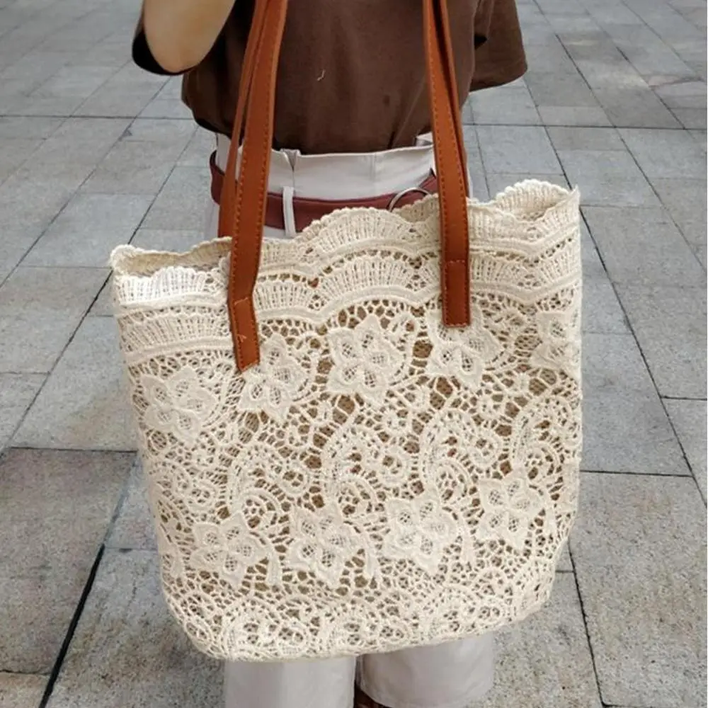 

Hollow Out Women's Woven Handbags Hand Crochet Long Lasting Crochet Flower Tote Large Capacity TOP-handle Fishing Net Pouch
