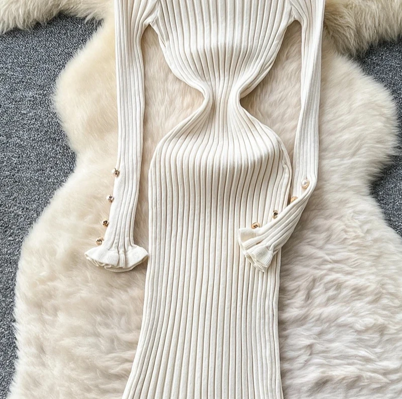 가을 겨울 니트 러플 랩 드레스 2025 신상 버튼 긴팔 캐주얼 시스 스웨터 드레스